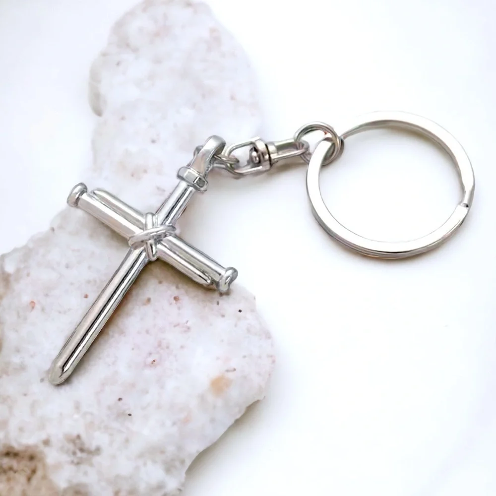 3 Nail Cross Keychain Religious Christian Key Ring Accessory Silver Unisex Gift